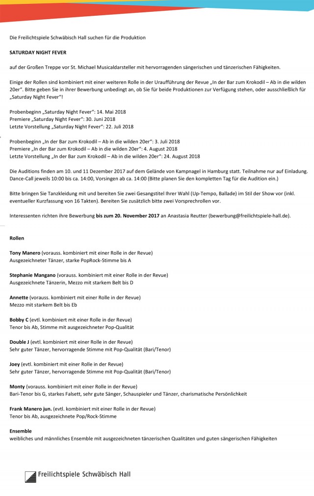 Ausschreibung Saturday Night Fever