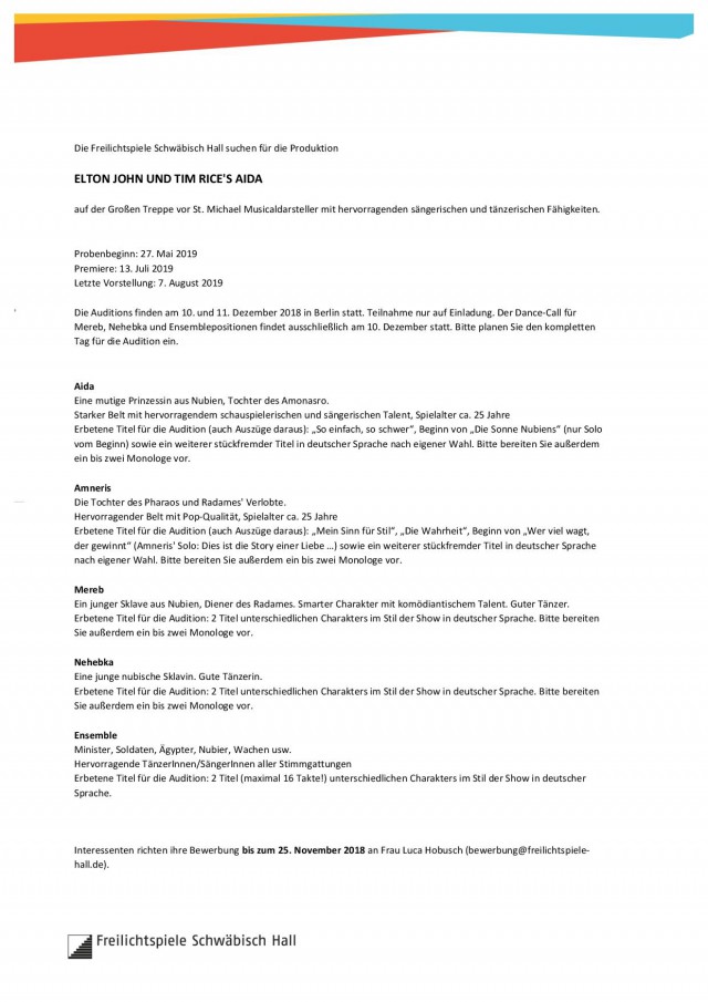 Ausschreibung Elton John und Tim Rices Aida