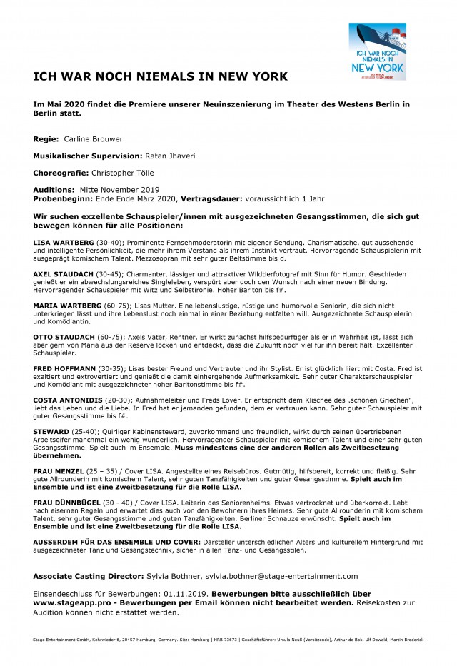 Berlin ICH WAR NOCH NIEMALS IN NEW YORK Premiere im Mai 2020 in Berlin