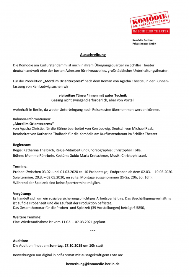 Ausschreibung Taenzer innen Mord im Orientexpress